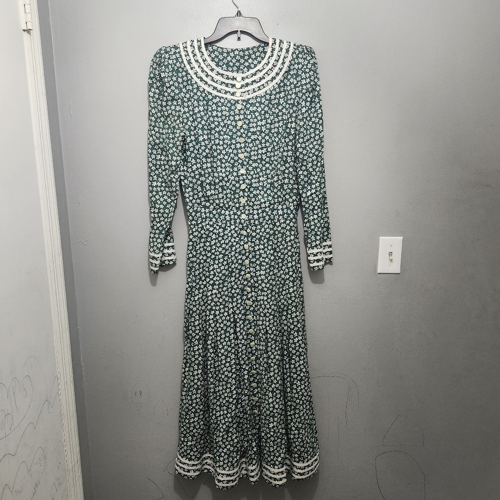 Kathie Lee Vintage Long Sleeve Button Down Floral Midi Dress Size 8 Green
